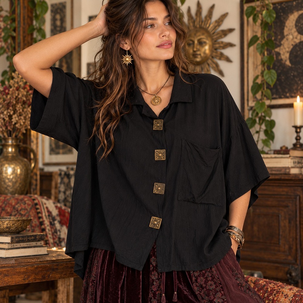 Boxy Rayon Top Metal Sun Buttons Sz M Whimsigoth Celestial Artsy Lagenlook